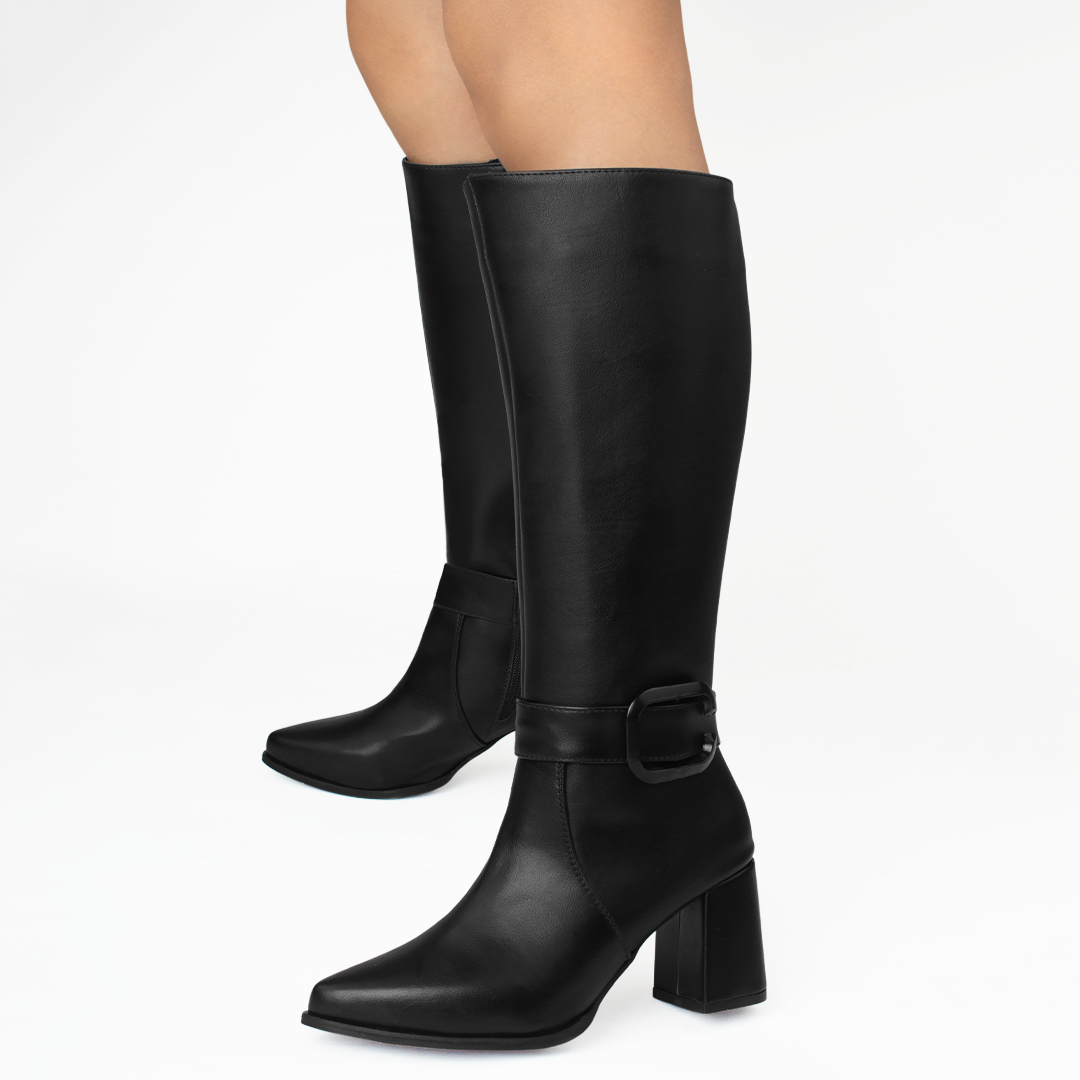 Botas negras de punta fina con hebilla lateral y tacón medio 7cm para dama 