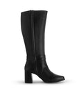 Vista superior de bota negra para dama con punta fina, cremallera y tacón medio 7cm 