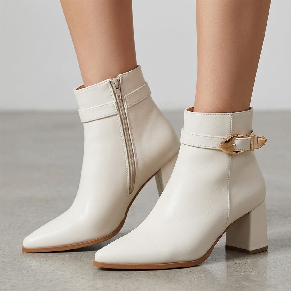 Botines beige de punta fina con herraje metálico y tacón medio 7cm para dama 