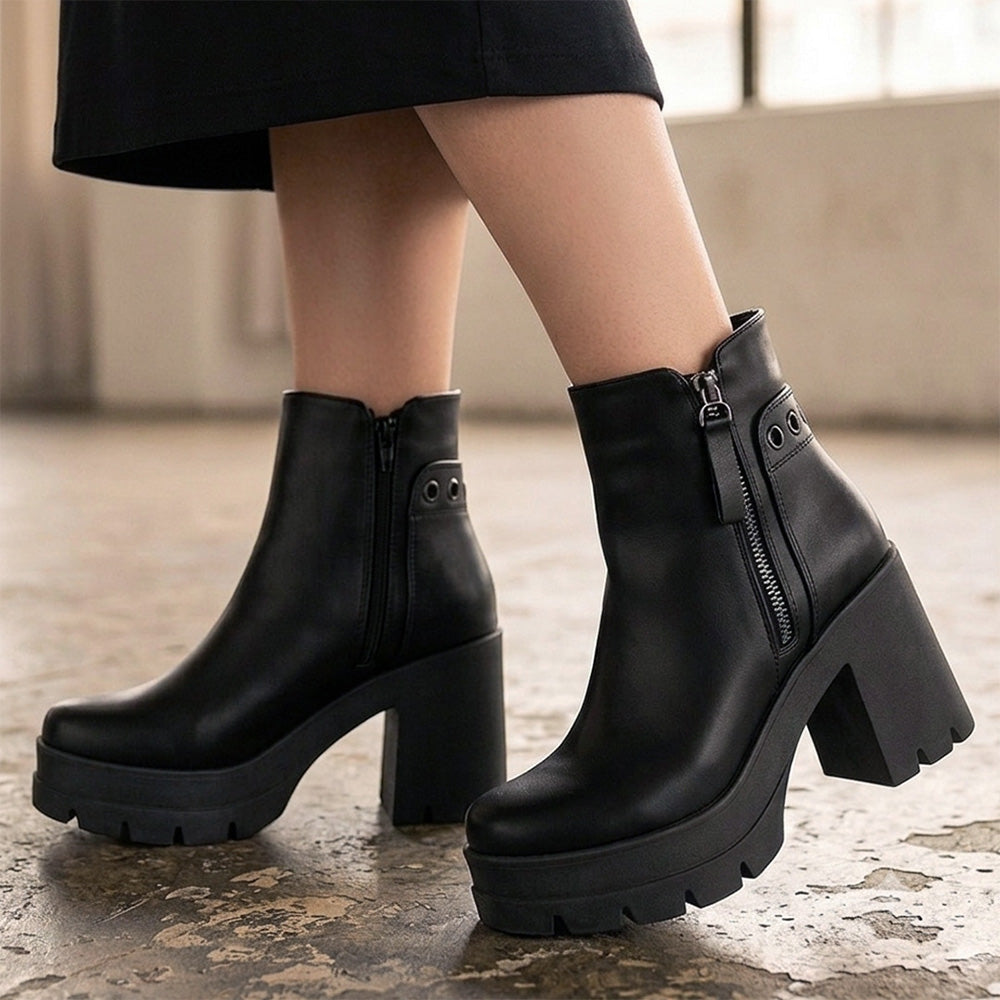 Botines negros de plataforma con cremallera, detalles decorativos metálicos y tacón medio 9cm para dama  