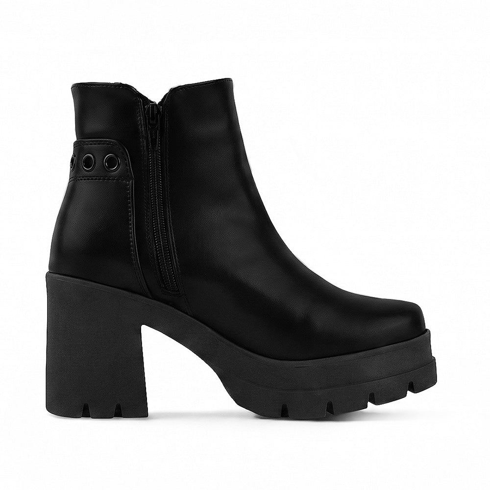 Vista superior de la cremallera ajustable en botín negro para dama con plataforma y tacón medio 9cm 