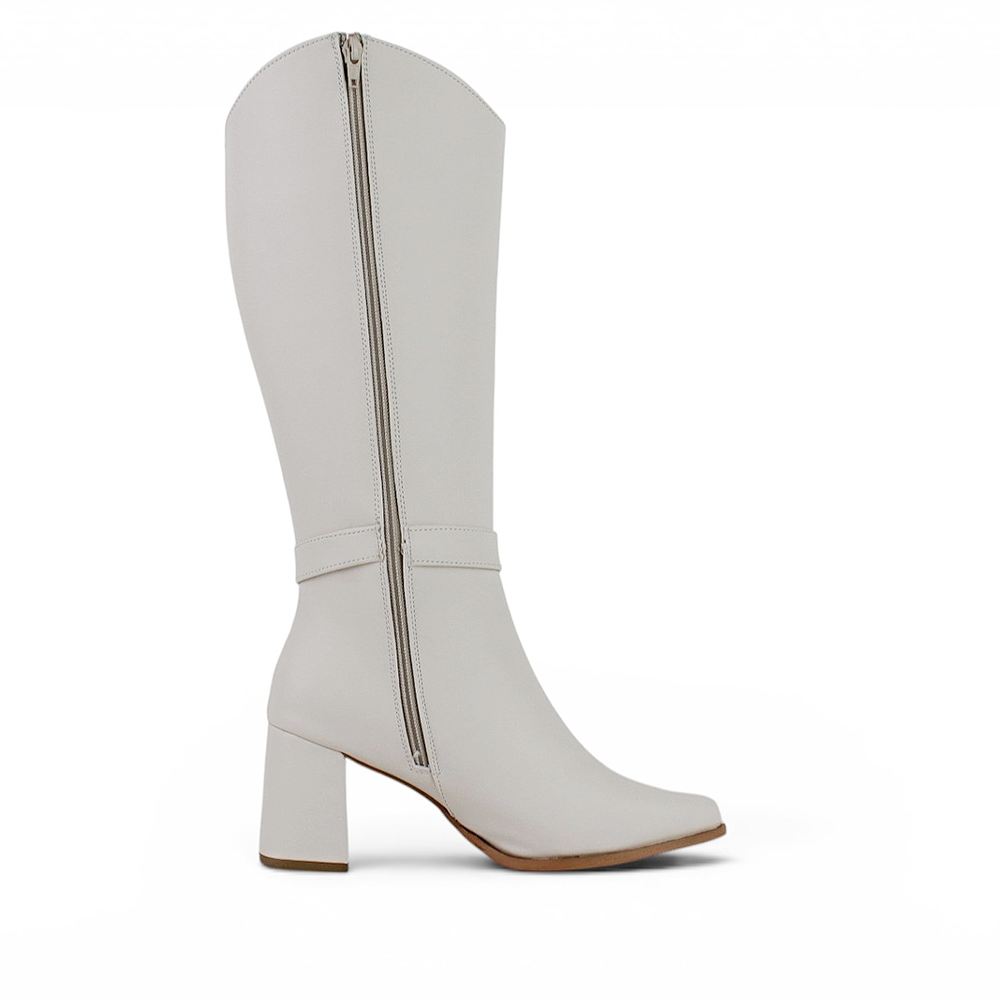 Vista superior de la bota beige con punta fina para dama, cremallera y tacón medio 7cm 