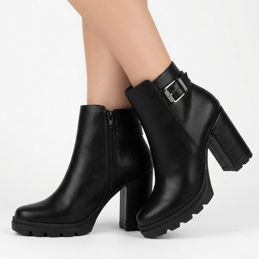 Botines negros con herraje decorativo, plataforma dentada y tacón medio 10cm para dama