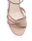 Vista de material cabra sintético en zapatilla nude de plataforma para mujer con tiras de pedrería tacón ancho de 10cm y pulsera ajustable 