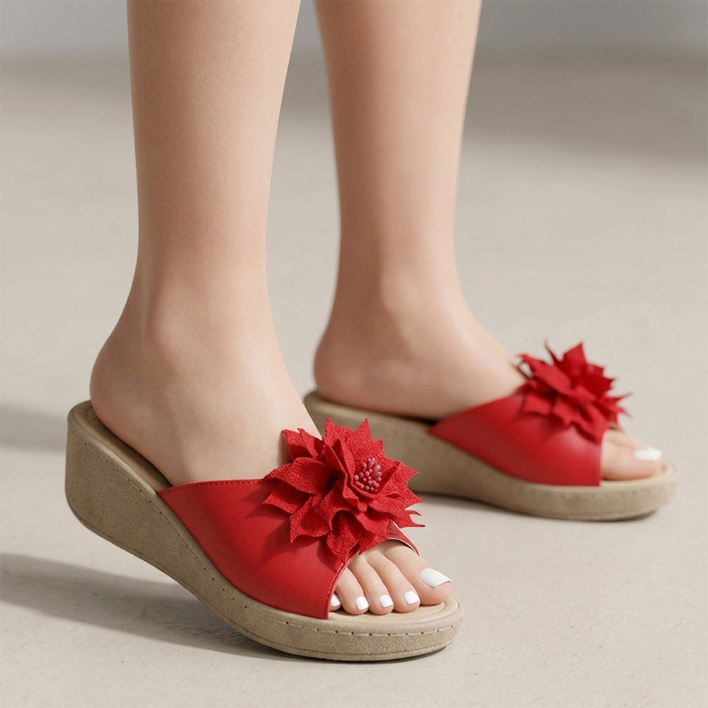 Sandalias rojas destalonadas con flor y plataforma baja 5cm para dama 