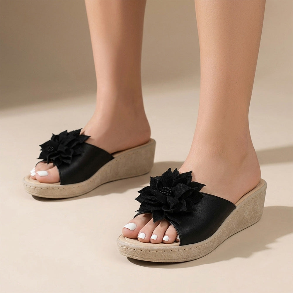 Sandalias negras destalonadas con flor y plataforma baja 5cm para dama 