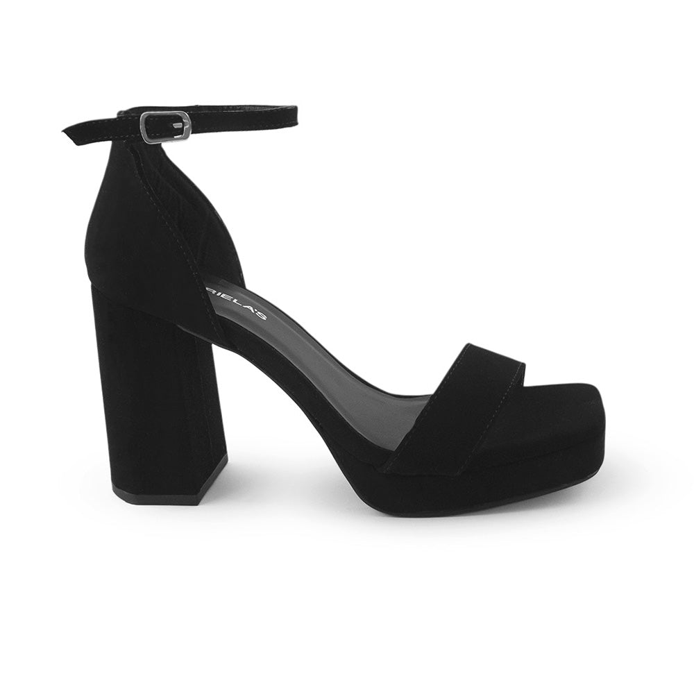 Vista lateral de zapatilla negra para mujer con diseño descubierto punta cuadrada y tacón bloque medio de 10cm
