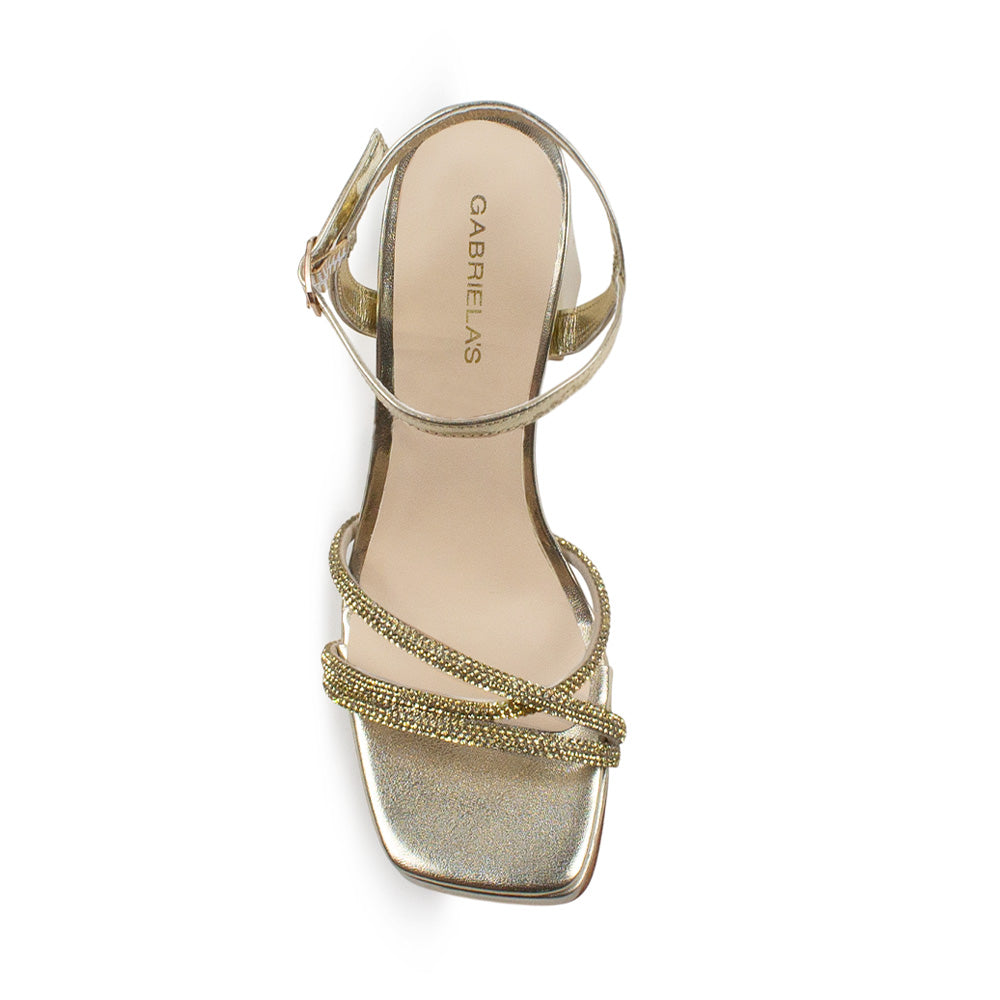 Vista superior de zapatilla punta cuadrada para mujer con tiras de pedrería y tacón bloque de 10cm en color dorado