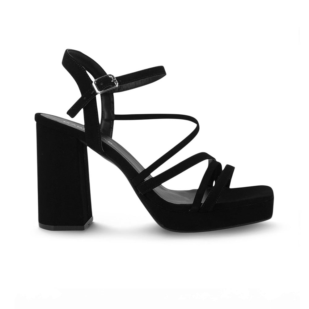 Vista lateral de zapatilla negra de punta cuadrada para mujer con tiras cruzadas y tacón bloque de 10cm