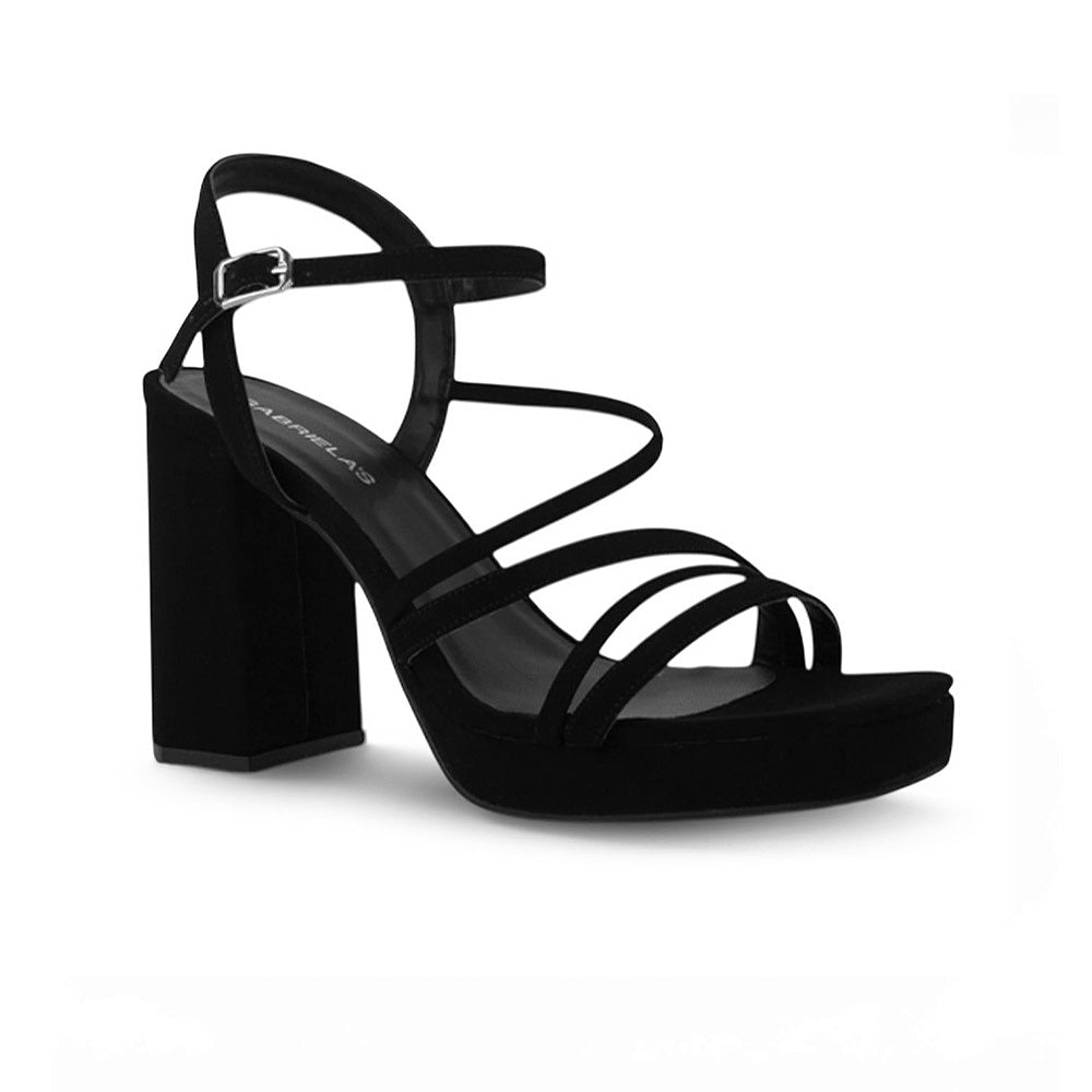 Vista diagonal de zapatilla negra para mujer con punta cuadrada pulsera ajustable tiras cruzadas y tacón de 10cm