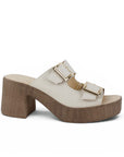 Vista lateral de zapatilla beige con doble correa hebillas cuadradas y tacon ancho de 8cm