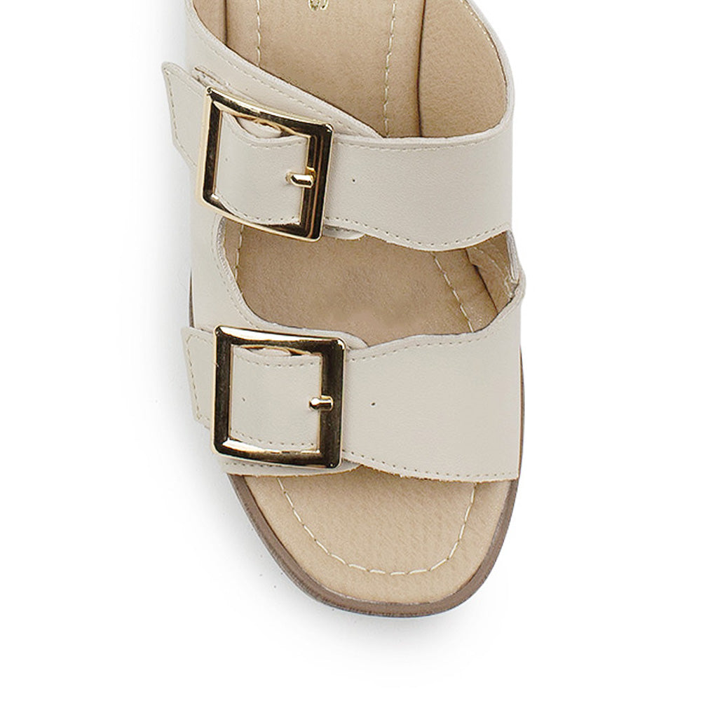 Vista de material sintético en zapatilla beige para mujer con doble correa hebillas ajustables cuadradas y tacón grueso de 8cm