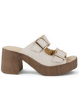 Vista lateral de zapatilla beige con doble correa hebillas cuadradas y tacon ancho de 8cm