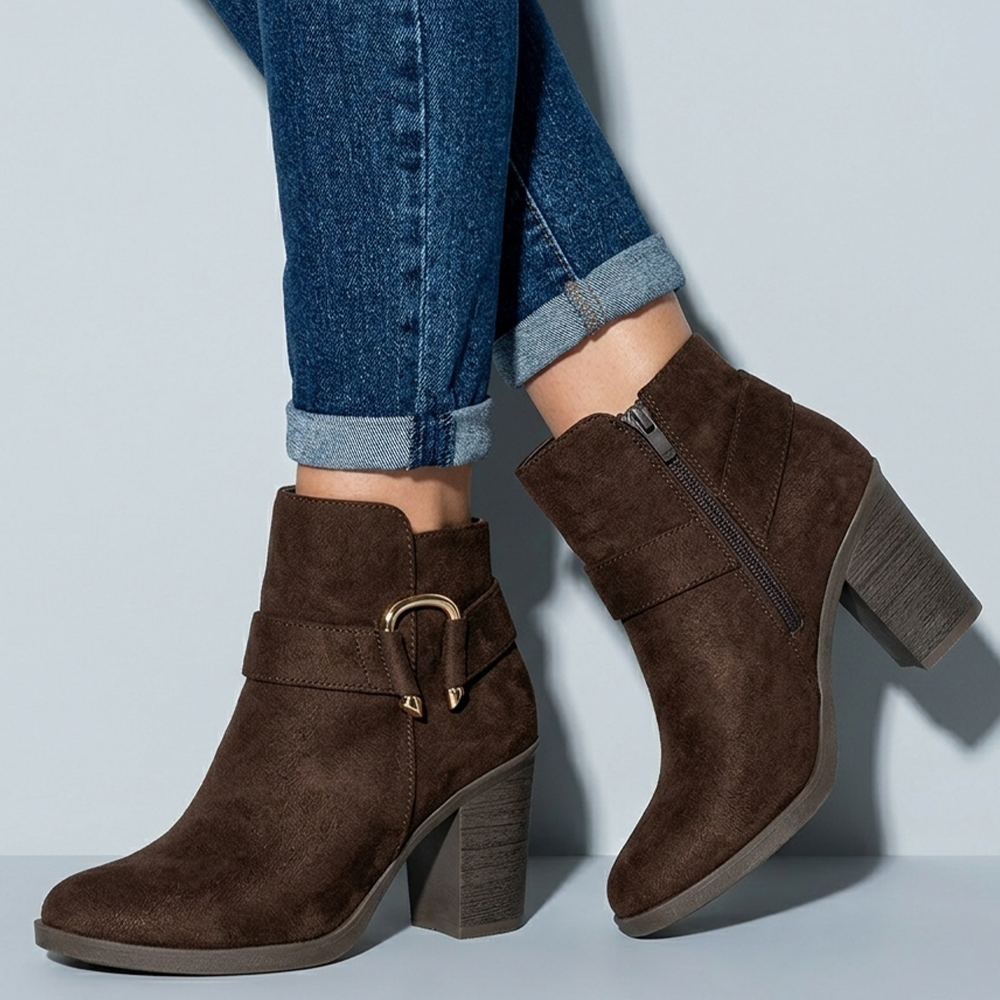 Botines cafés con detalle metálico lateral y tacón medio 8cm para dama 