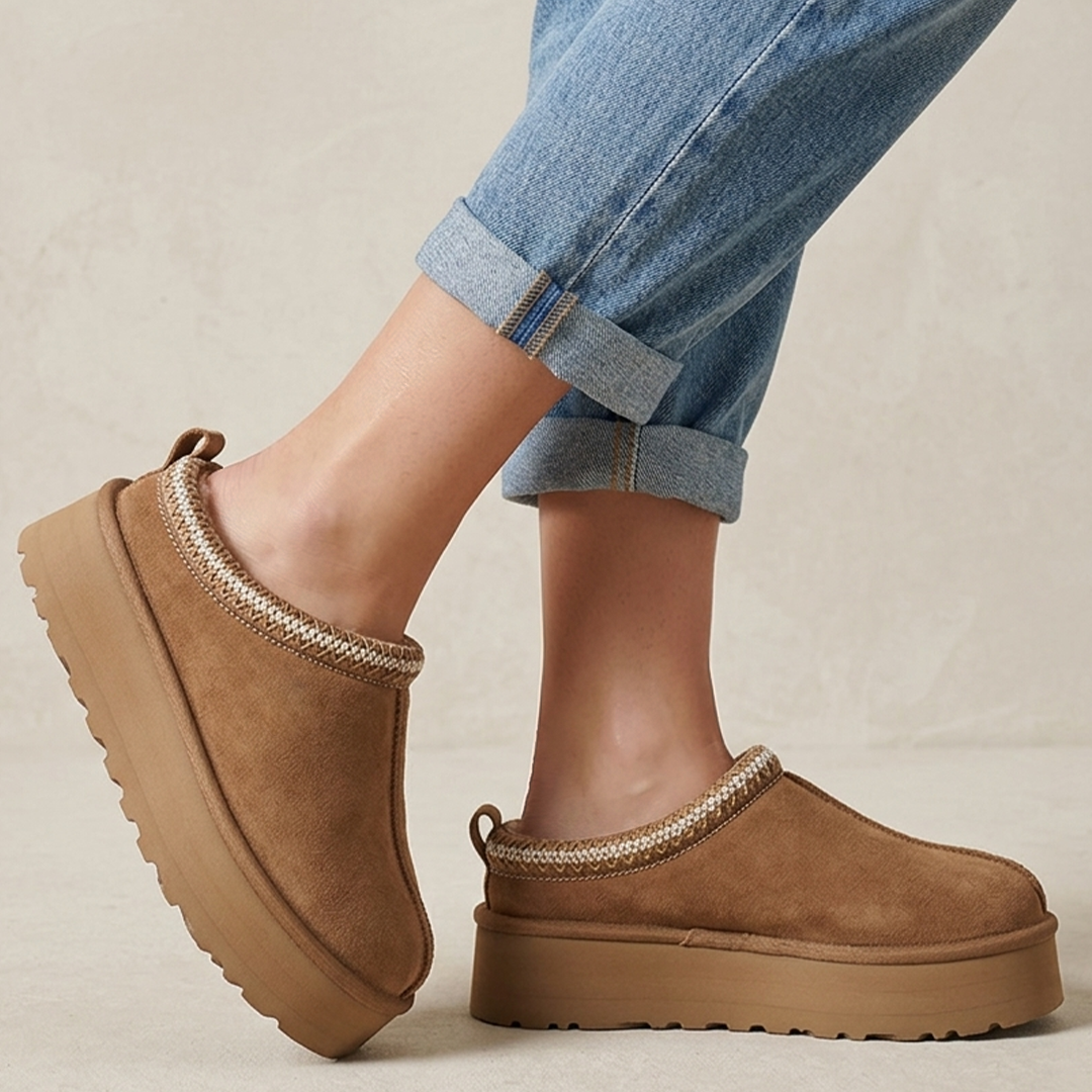 Botines cafés tipo zuecos para dama con detalle trenzado, peluche y plataforma baja 5cm 