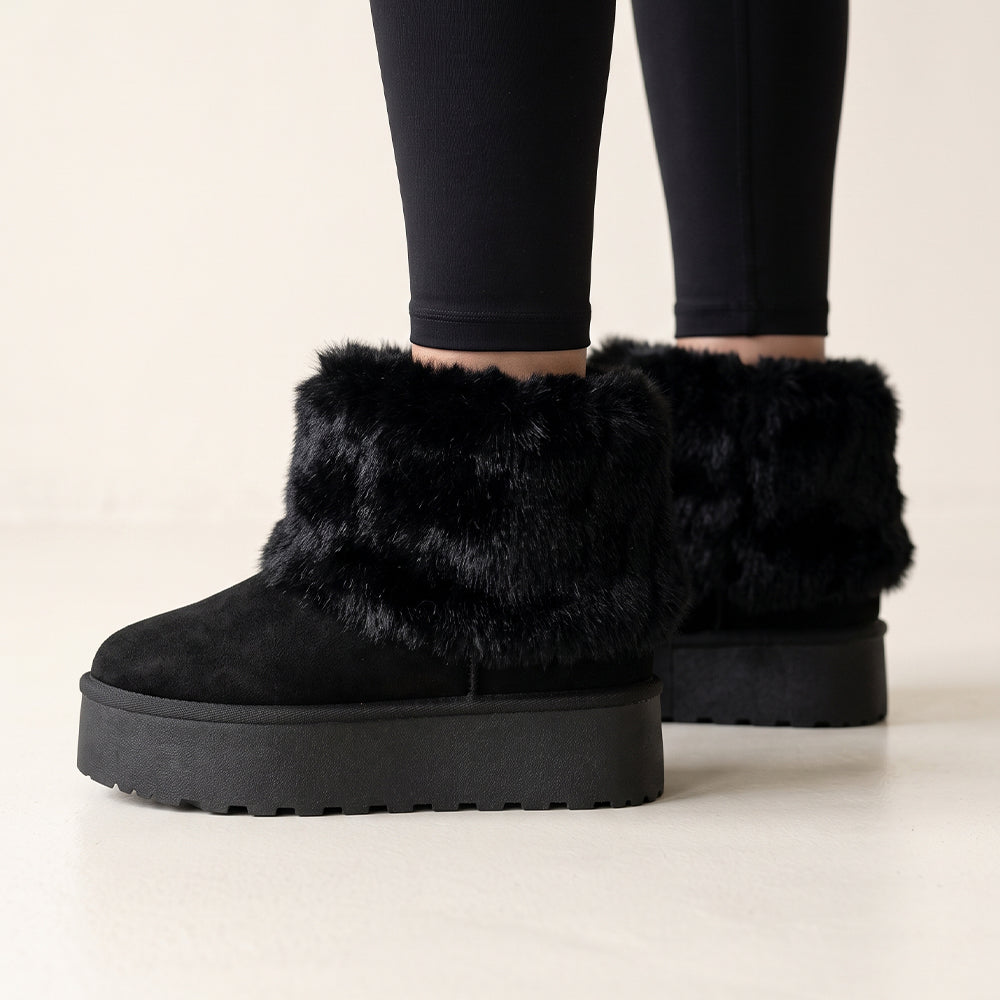 Botines negros al tobillo para mujer con plataforma baja de 5cm y doblez de peluche