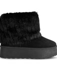 Vista lateral de botín negro al tobillo para mujer con plataforma baja de 5cm y doblez de peluche de meter