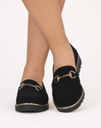 Mocasines negros con detalles metálicos y plataforma baja 3cm para dama 