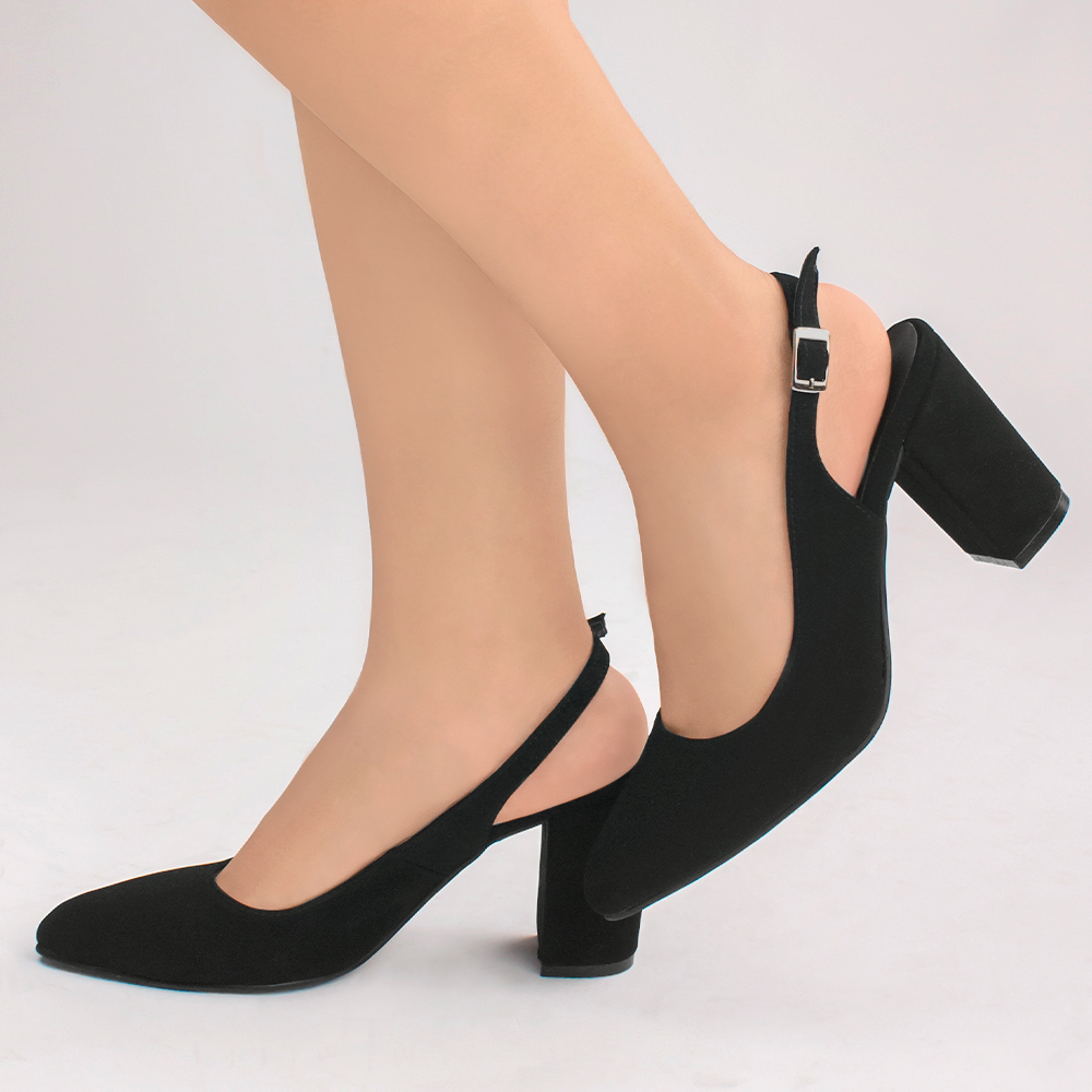 Zapatillas negras con diseño destalonado para mujer con tacón ancho de 9cm y punta fina 