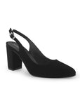Vista diagonal de zapatilla negra para mujer con tacón de 9cm punta cerrada y destalonado