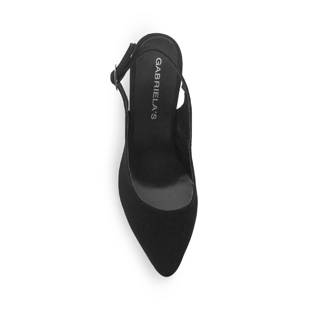 Vista superior de zapatilla negra destalonada con ajuste de pulsera y punta cerrada fina