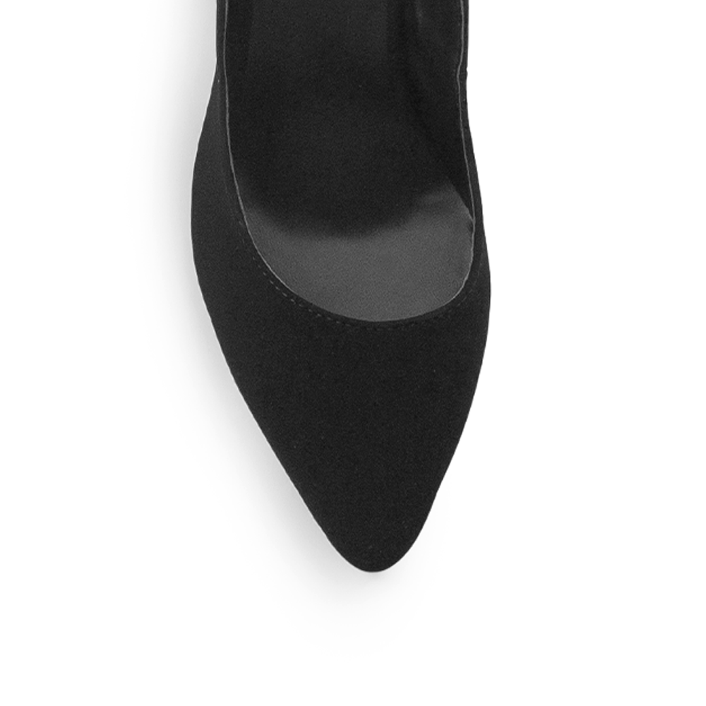 Vista de material buck en zapatilla negra para mujer con punta cerrada y tacón medio de 9cm