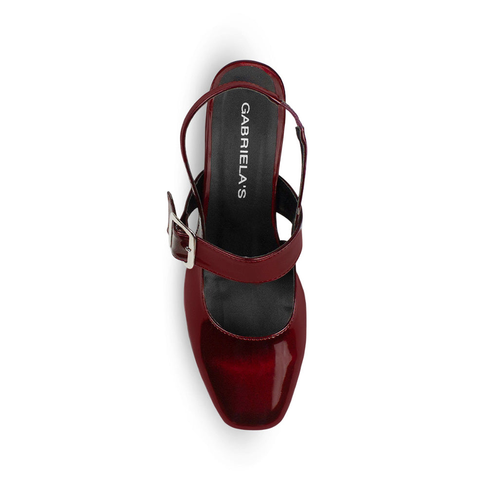 Vista superior de zapatilla vino destalonada para mujer con punta cerrada y taco ancho de 5cm