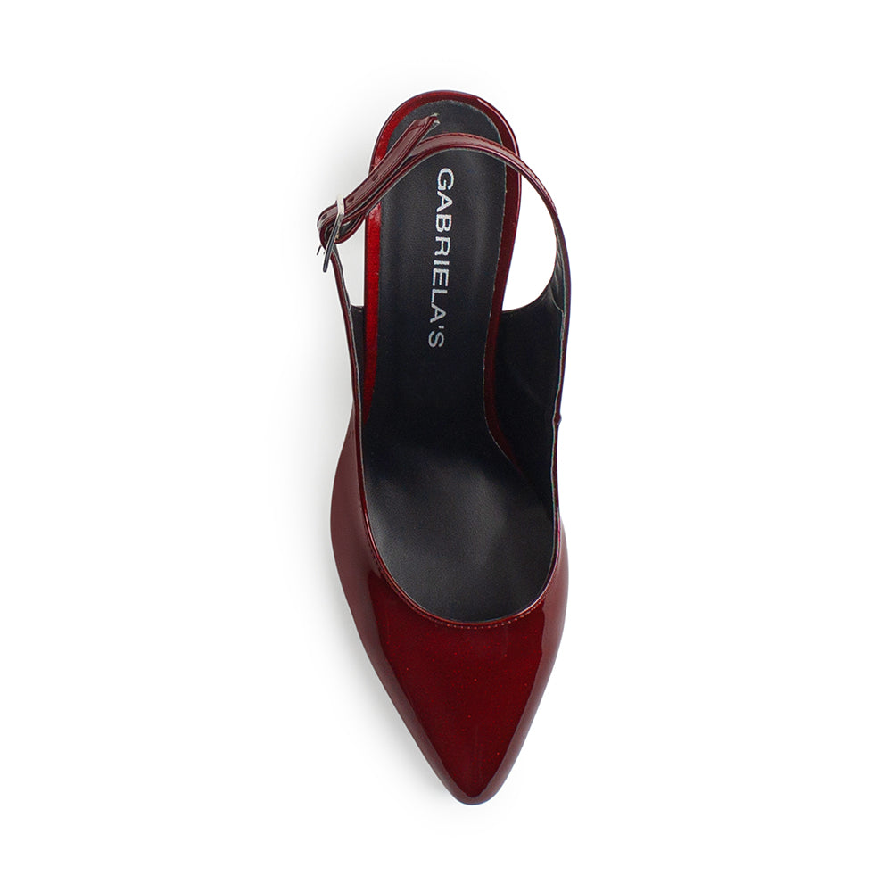 Vista superior de zapatilla vino destalonada con ajuste de pulsera y punta cerrada fina