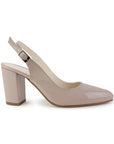 Vista lateral de zapatilla maquillaje para mujer con punta cerrada fina y tacón ancho de 9cm