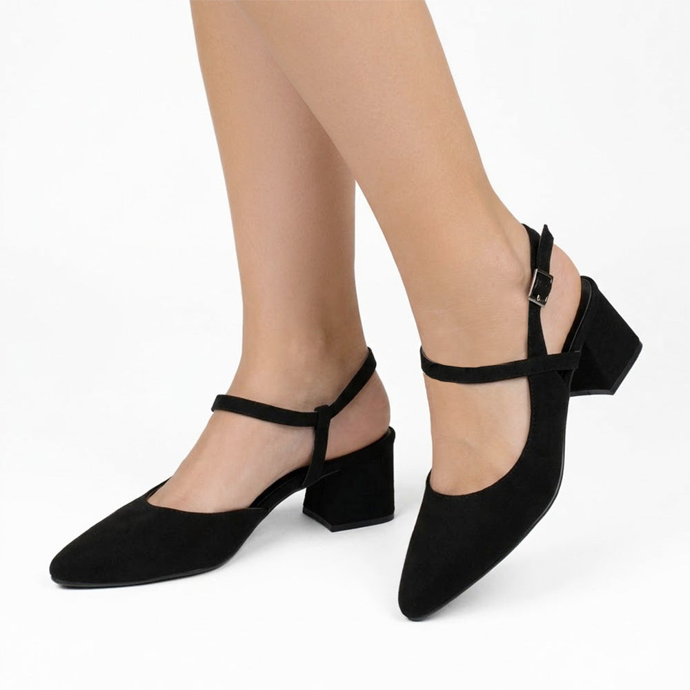 Zapatillas negras de punta fina con pulsera ajustable y tacón bajo 6cm para dama 