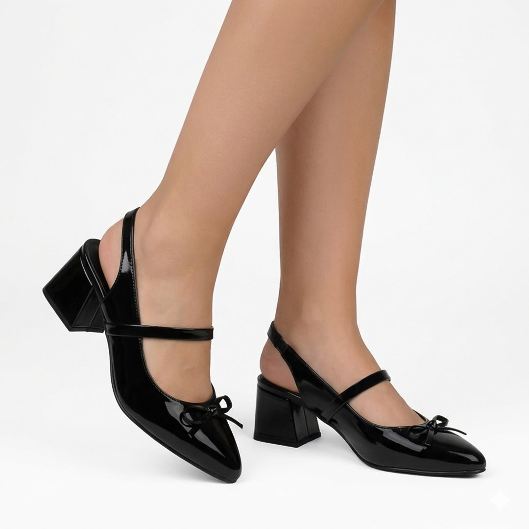Zapatillas negras destalonadas para mujer con punta fina y moño pequeño de tacón ancho de 6cm