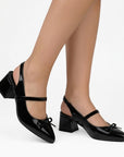 Zapatillas negras destalonadas para mujer con punta fina y moño pequeño de tacón ancho de 6cm