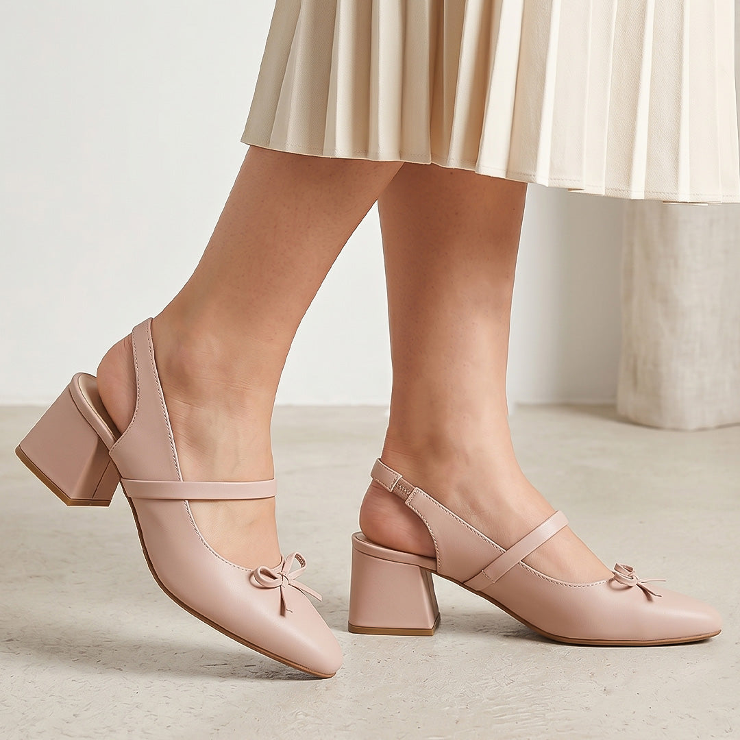 Zapatillas nude destalonadas para mujer con punta fina y moño pequeño de tacón ancho de 6cm