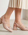 Zapatillas nude destalonadas para mujer con punta fina y moño pequeño de tacón ancho de 6cm