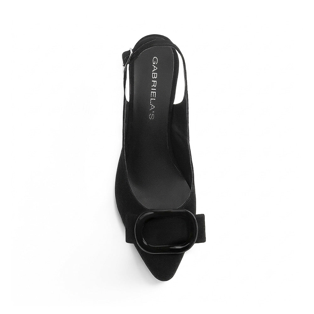 vista superior en zapatillas negras para dama destalonadas punta fina y tacón bajo 6 cm
