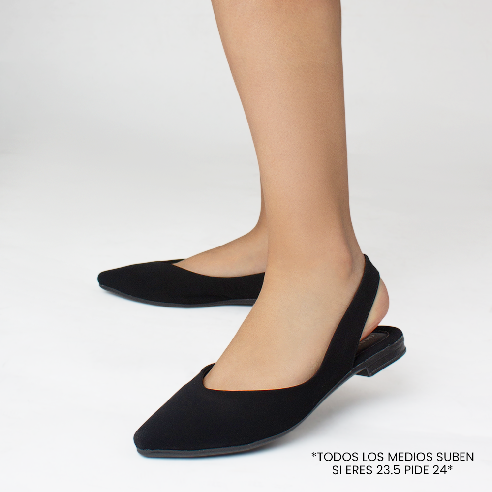 Flats negros para mujer de punta fina y correa trasera destalonados 