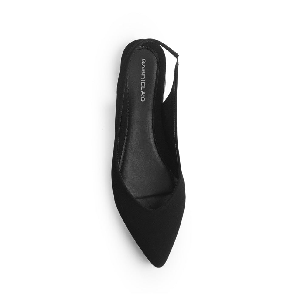 Vista superior de flats negros destalonados para mujer con punta fina y correa trasera ajustable