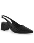 Vista lateral de zapatilla negra destalonada para mujer con tacón bajo de 5cm y punta fina 