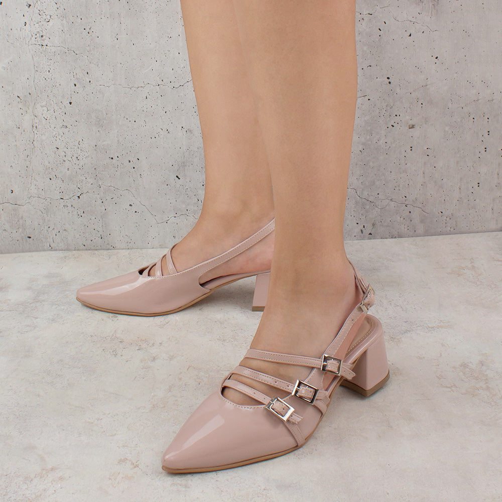Zapatillas nude destalonadas para mujer con punta fina correas ajustables y tacón bajo de 5cm