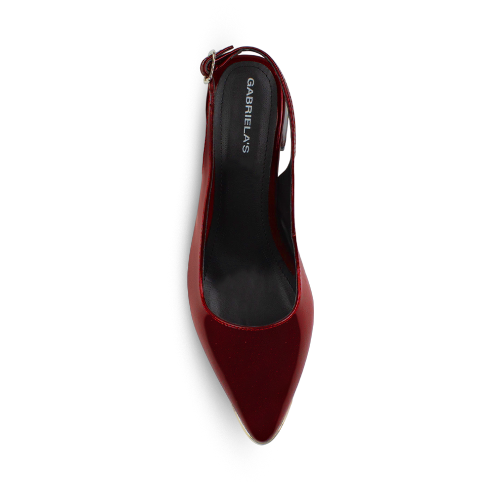 Vista superior de zapatilla destalonada para mujer con punta fina cerrada y hebilla ajustable en color vino