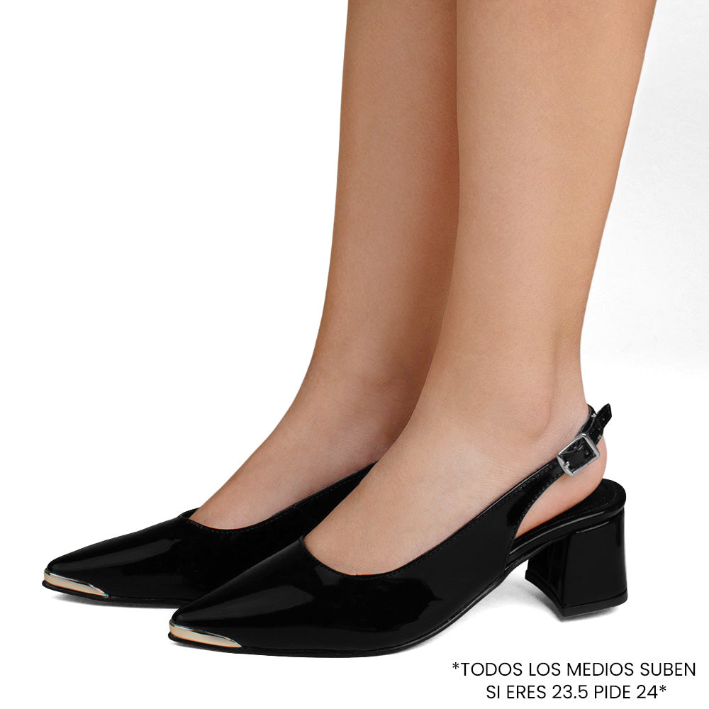 Zapatillas negras para mujer con punta fina destalonada y tacón bajo ancho de 6cm