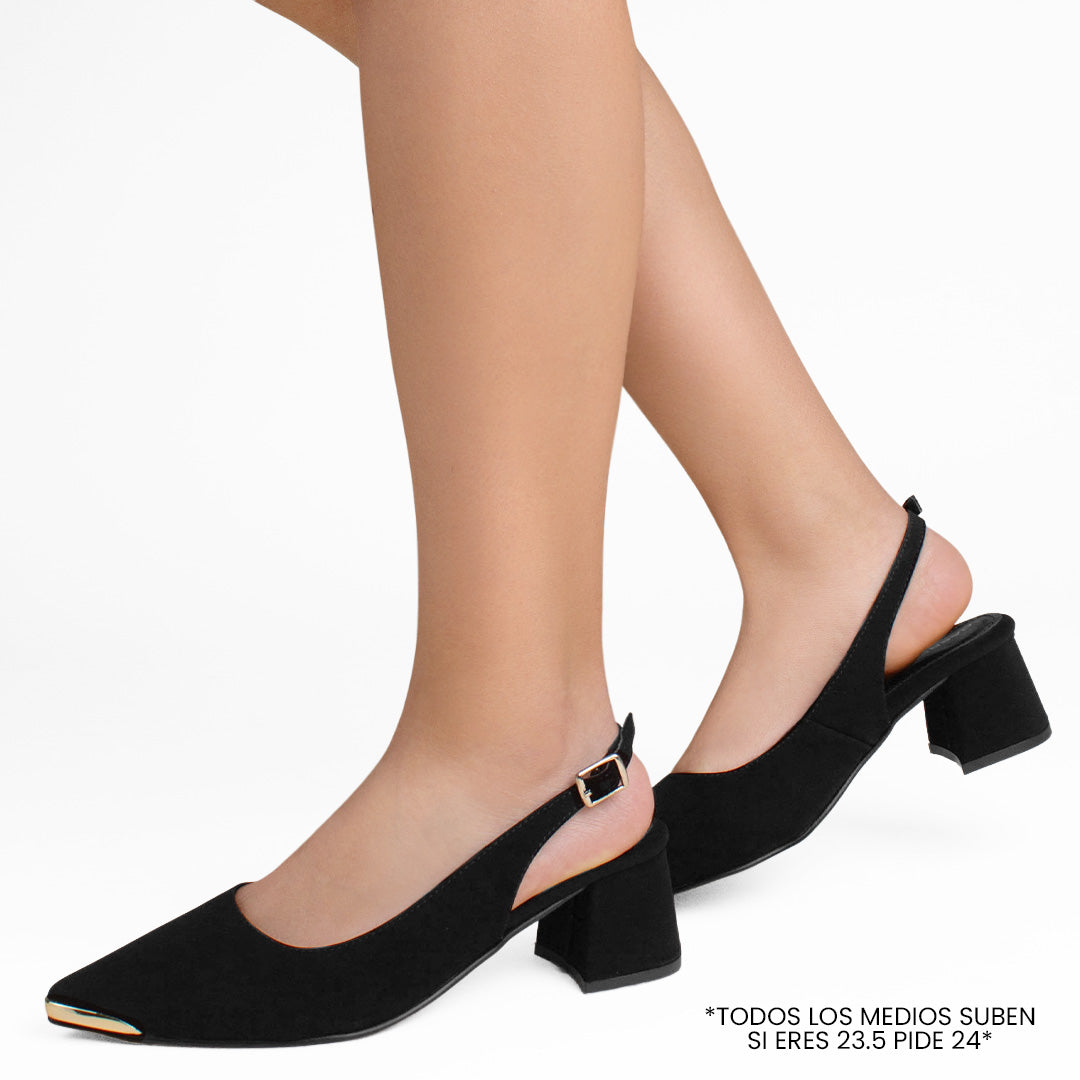 Zapatillas negras para mujer con punta fina destalonada y tacón bajo ancho de 6cm