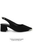 Vista lateral de zapatilla negra destalonada para mujer con punta fina y tacón bajo de 6cm