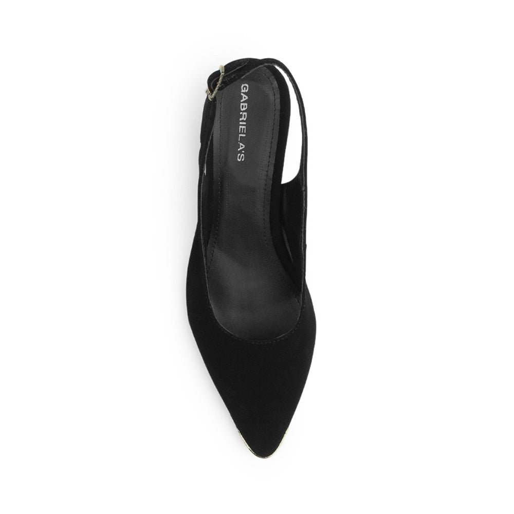 Vista superior de zapatilla destalonada para mujer con punta fina cerrada y hebilla ajustable en color negro