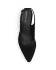 Vista superior de zapatilla destalonada para mujer con punta fina cerrada y hebilla ajustable en color negro