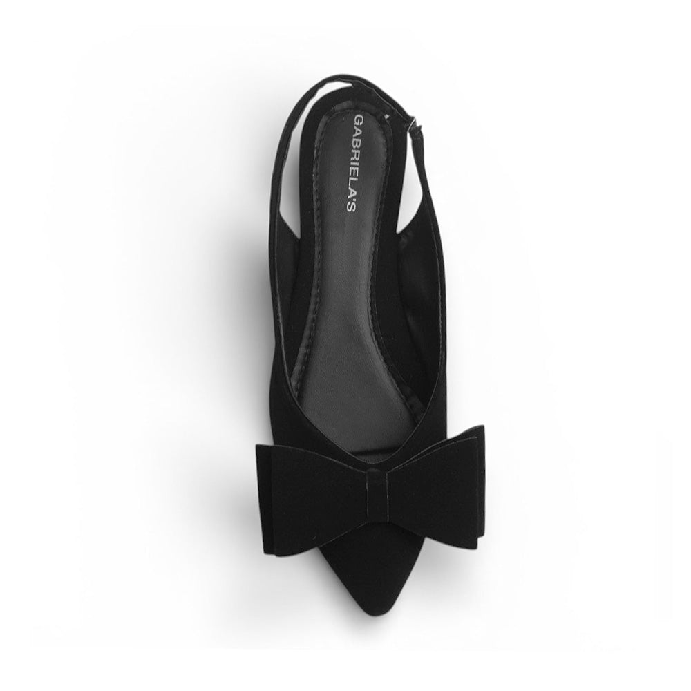 Vista superior de flat negro para mujer con moño grande en punta fina y correa ajustable