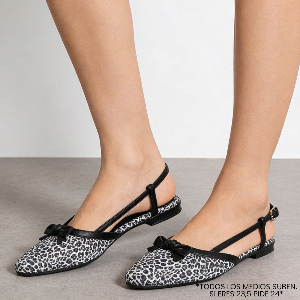Flats negros para mujer de punta fina con moño destalonados con correa ajustable