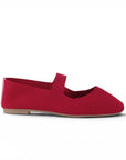 Vista lateral de flats tipo balerinas rojas para mujer con pulsera de piso