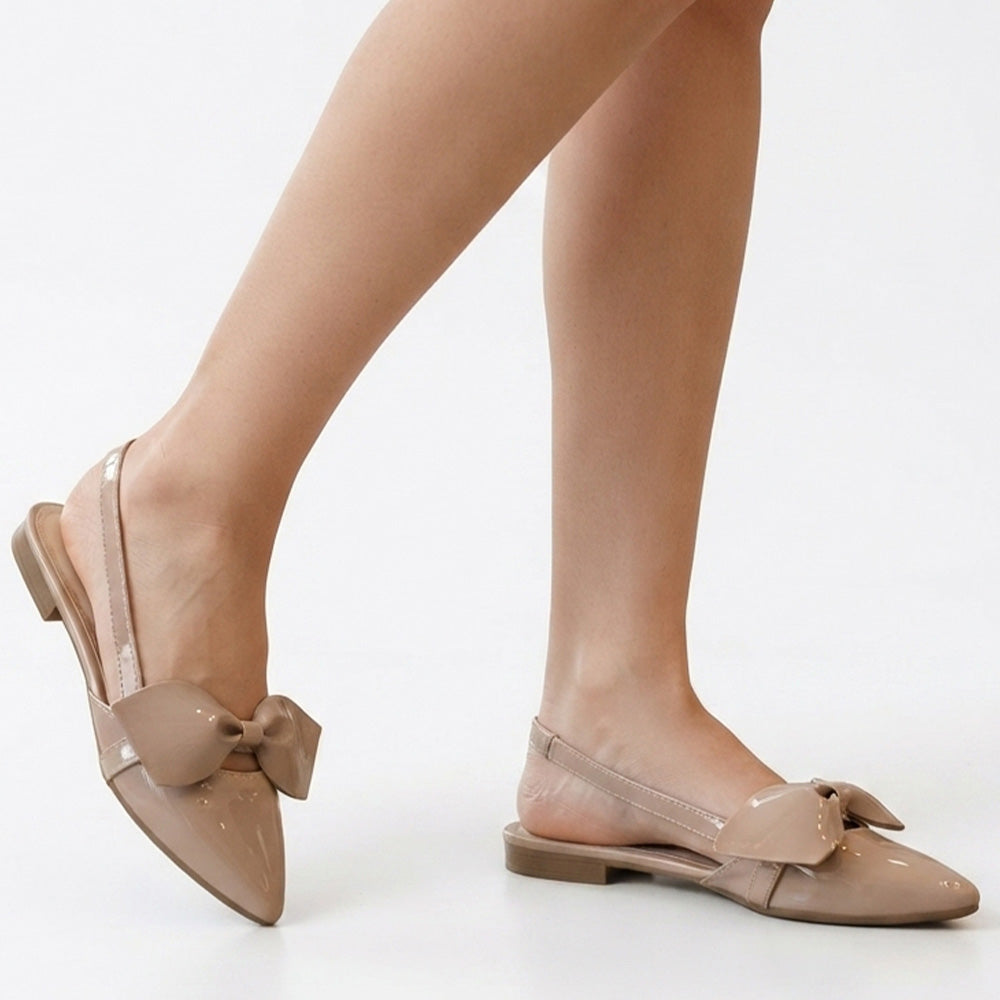 Flats nude de piso con punta fina, pulsera ajustable y moño en el empeine para dama