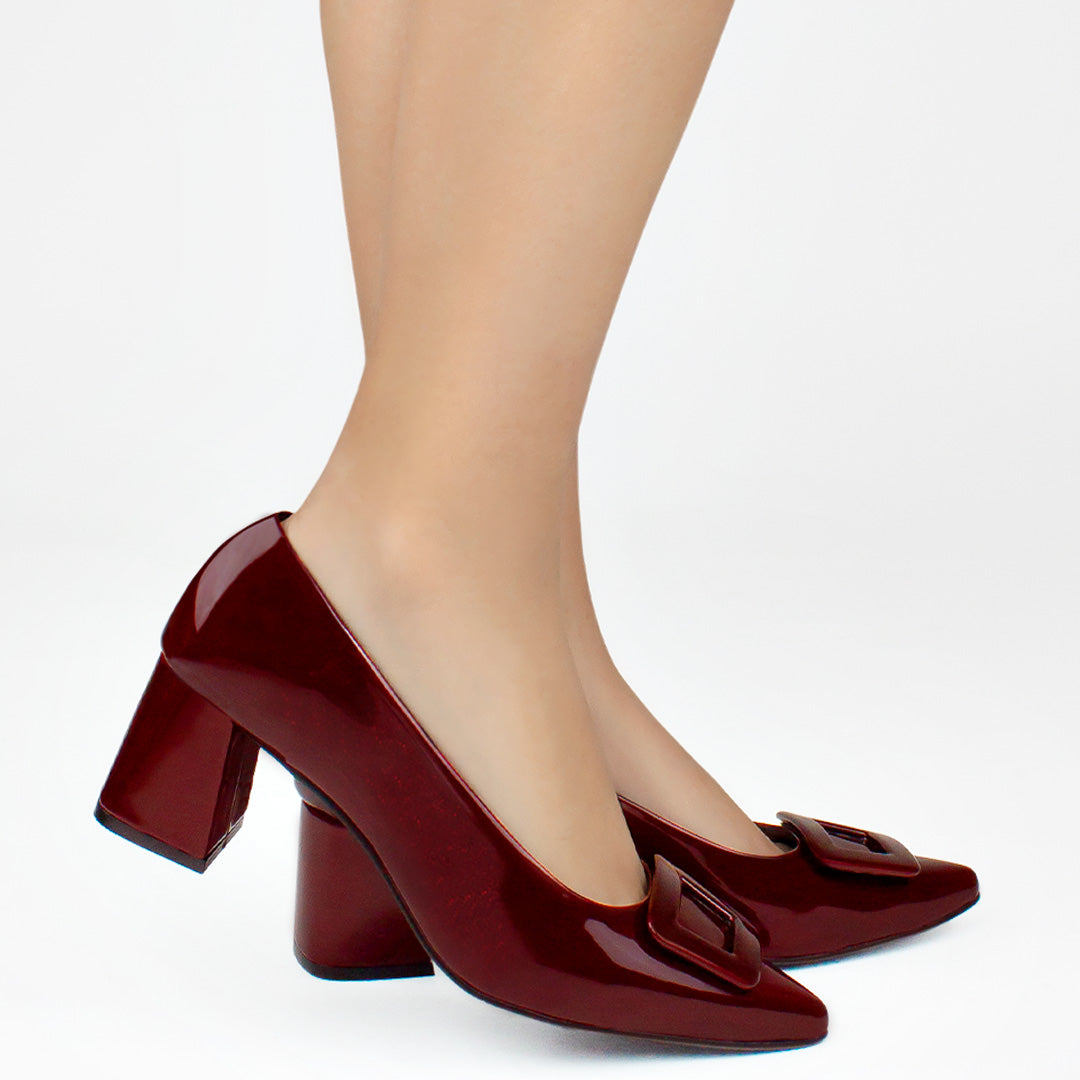 Zapatillas vino para mujer con hebilla en punta fina y tacón bloque de 6cm 